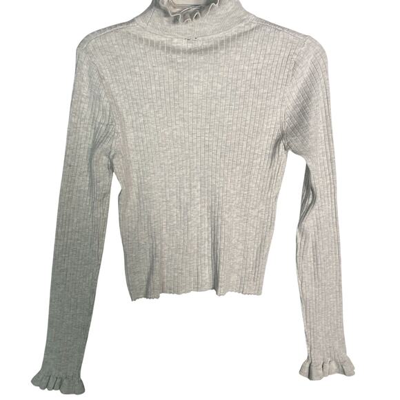 NWT H&M Cropped Ribbed Jersey Knit Sweater Ruffle Neck Light Gray - Picture 4 of 5